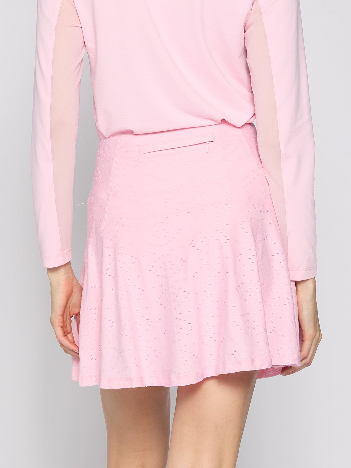 Back Yoke Ruffle Skort in Pink Eyelet